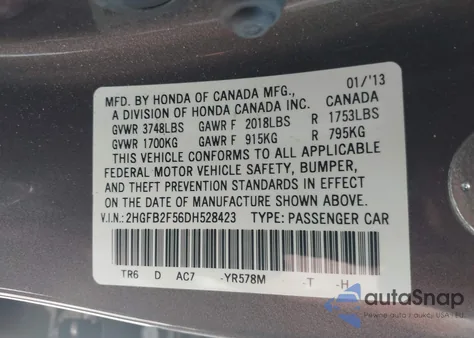 2013 Honda Civic Lx z USA, uszkodzony, nr VIN 2HGFB2F56DH528423
